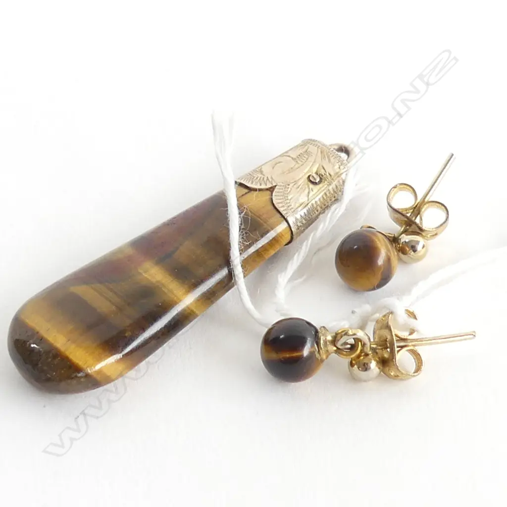 9CT GOLD & TIGER'S EYE BAR BROOCH & PR EARRINGS Image 1++