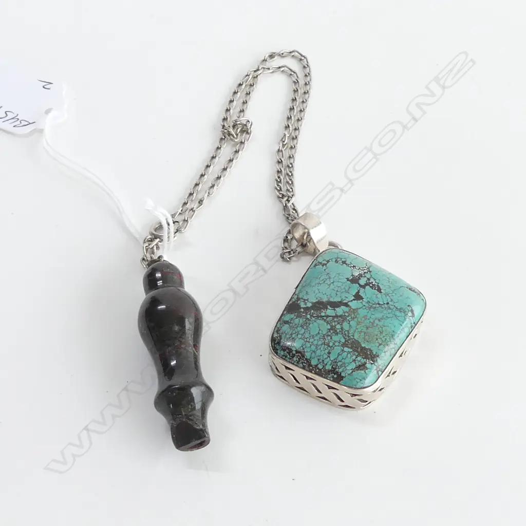 SILVER & TURQUOISE PENDANT NECKLACE + HARDSTONE WHISTLE Image 1++