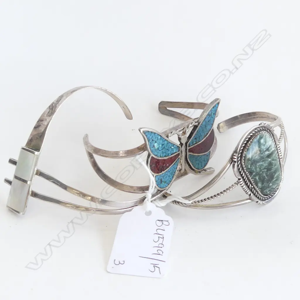 3 MEXICAN SILVER CUFF BANGLES w. EMBELLISHMENTS 79 GRAMS  Image 1++