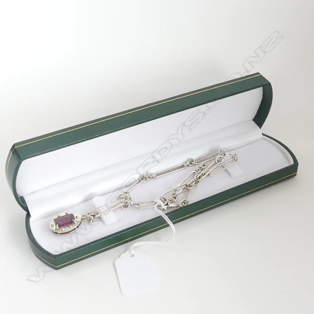 INTAGLIO CUT AMETHYST PENDANT ON SILVER ALBERT CHAIN Image 1++