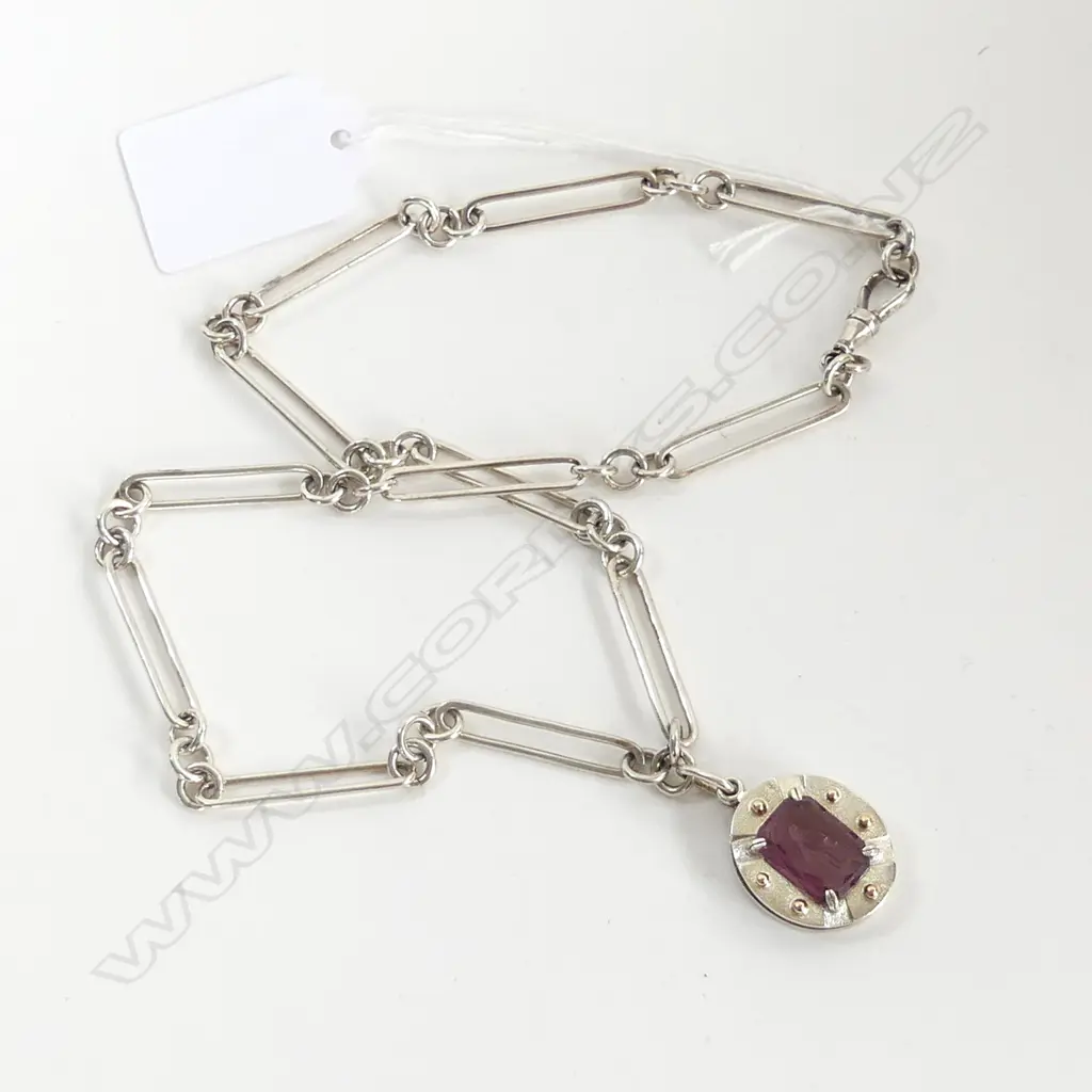 INTAGLIO CUT AMETHYST PENDANT ON SILVER ALBERT CHAIN Image 1++