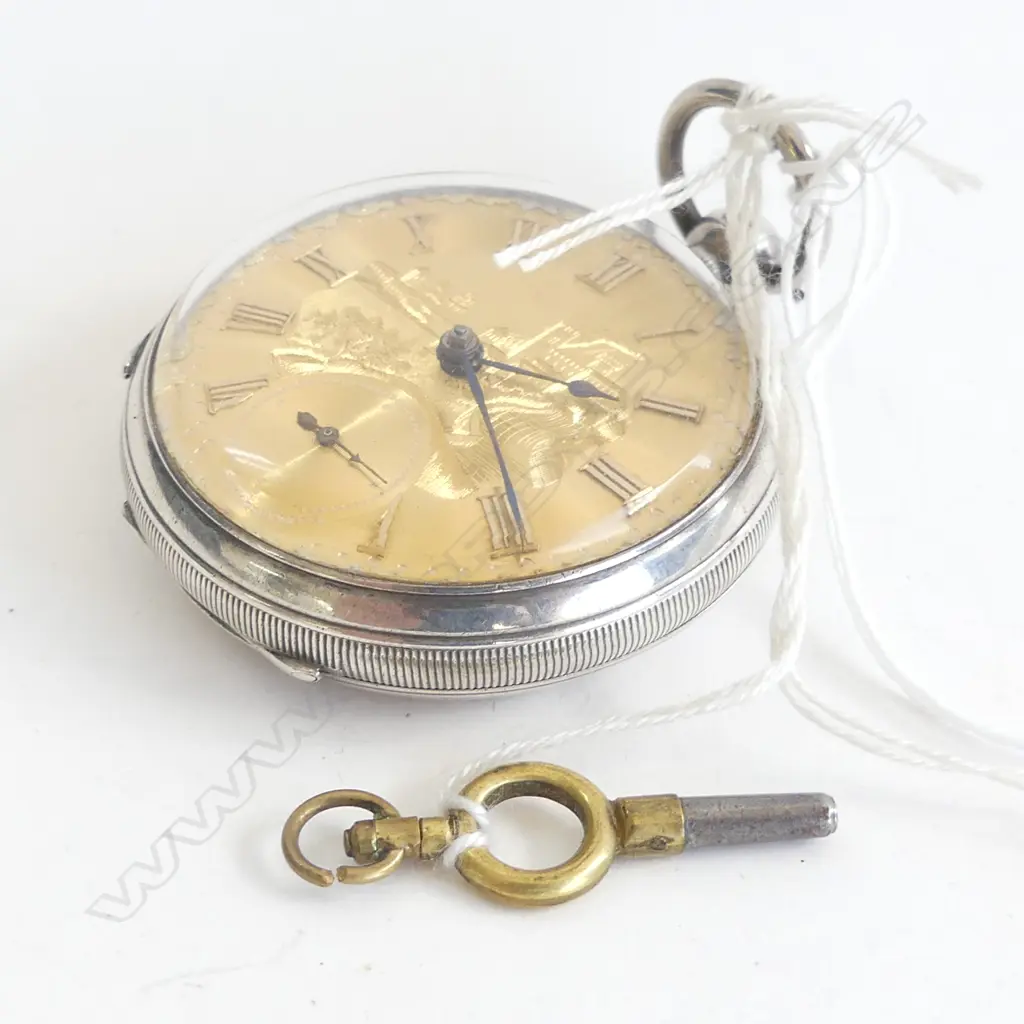 C1820/40 SILVER FUSSEE OPEN FACE POCKET WATCH gold dial w scene... Image 1++