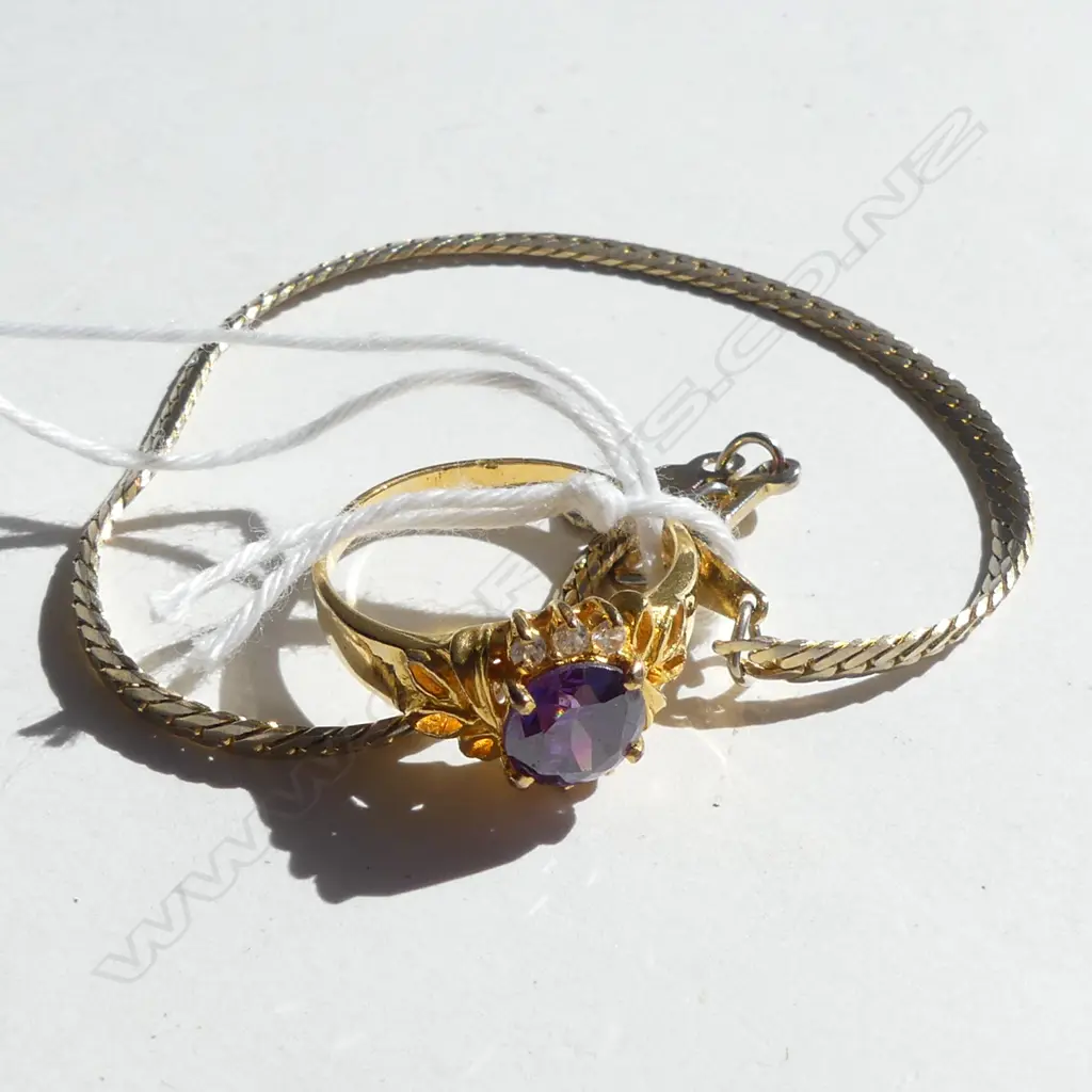 14K GOLD PLATE BRACELET & 18K GOLD PLATE RING WITH PURPLE STONE  Image 1++