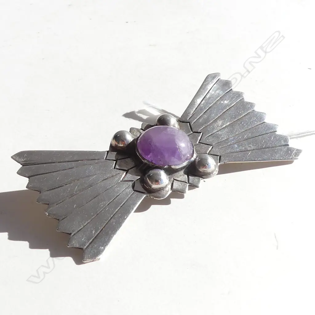 MEXICAN SILVER AND AMETHYST ART DECO STYLE BROOCH Image 1++
