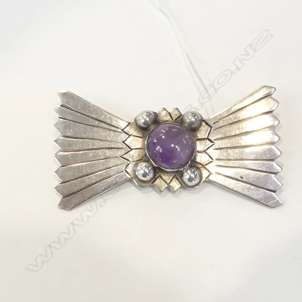 MEXICAN SILVER AND AMETHYST ART DECO STYLE BROOCH Image 1++