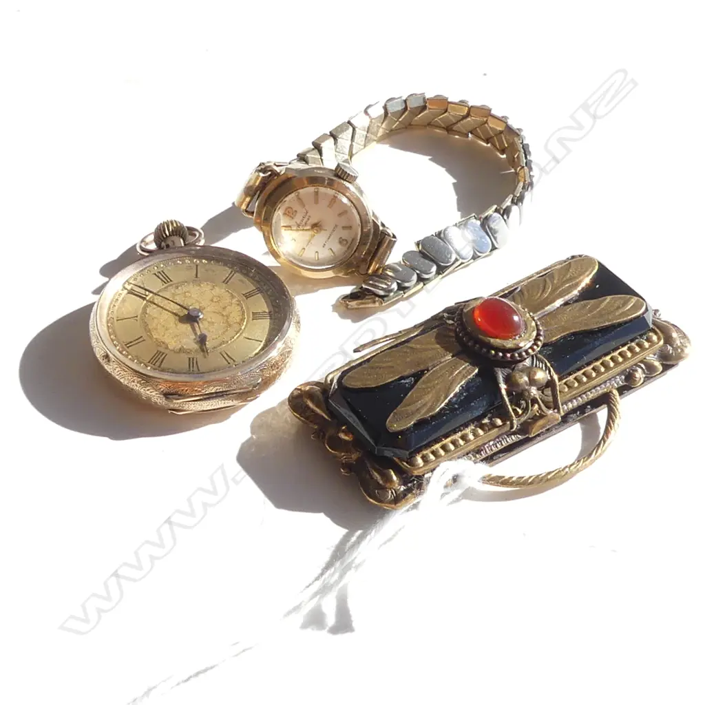 14 CT GOLD LADIES WATCH (A/F) + SM POCKET WATCH & LG DRAGONFLY PENDANT  Image 1++