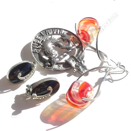 2 PAIRS EARRINGS; ART NOUVEAU ONYX & MARCASITE CLIP & GLASS BEAD DROP + AVISE LA FIN SCOTTISH BROOCH