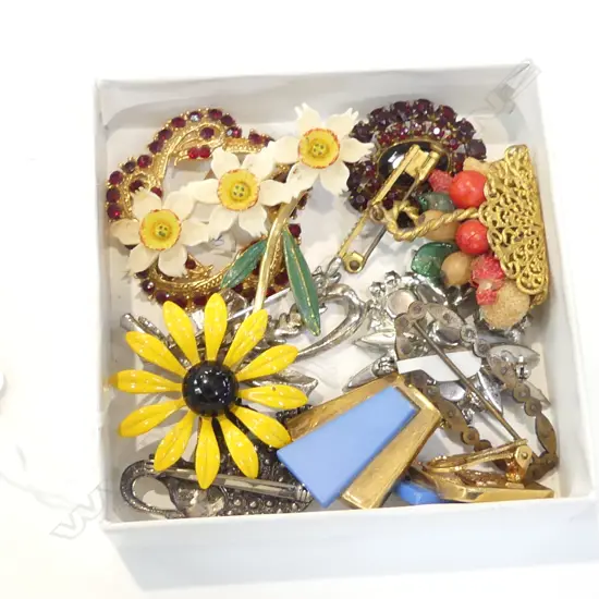 BOX INTERESTING COSTUME BROOCHES + EARRINGS