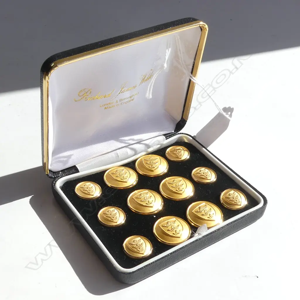 BOXED SET OF 12 RICHARD JAMES WELDON GOLD PLATE BUTTONS 2 SIZES - AS NEW Image 1++