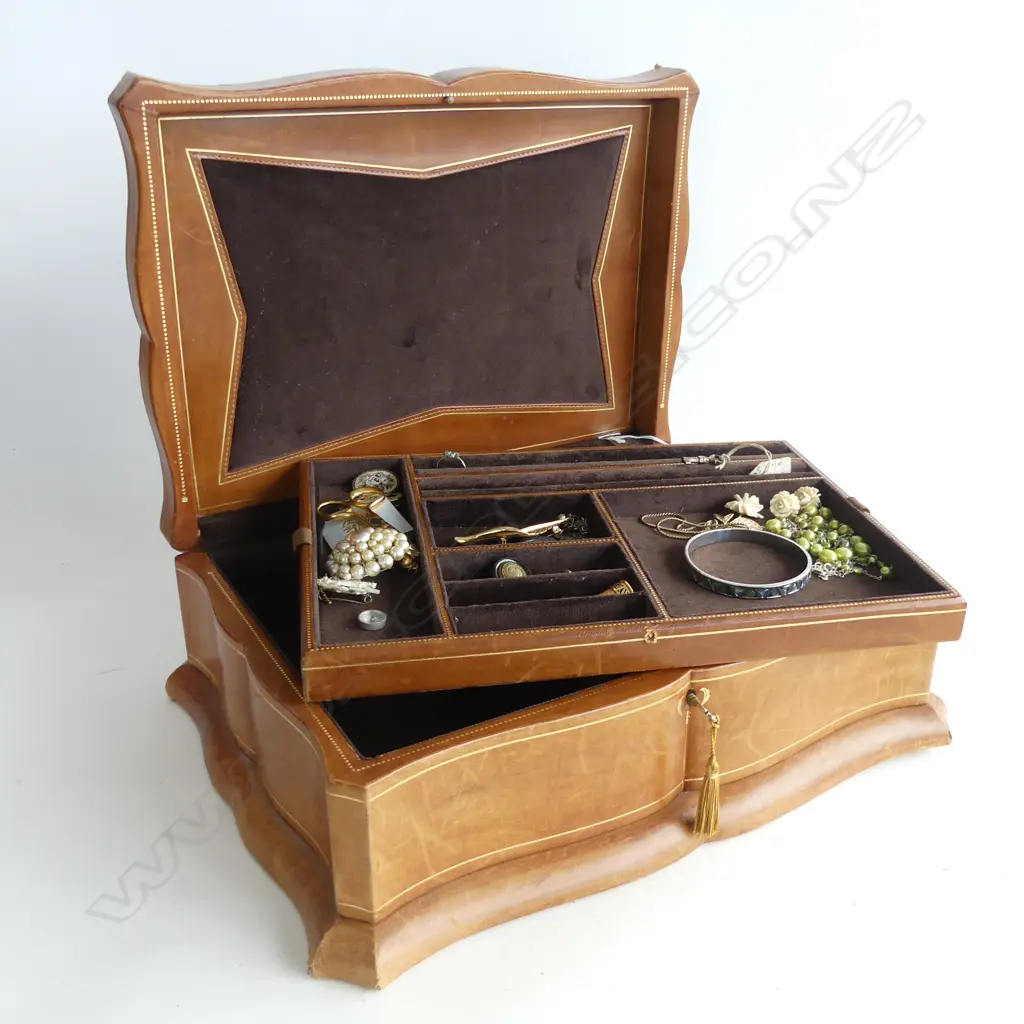 TOOLED LEATHER GILT JEWEL BOX SERPENTINE FORM WITH KEYS + CONTENTS Image 1++