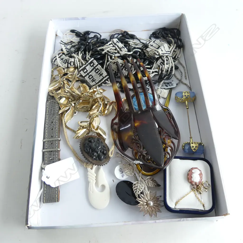 ASST. COSTUME JEWELLERY + SILVER INGOT + MOURING BROOCHES + 2 9CT PENDANTS ETC Image 1++