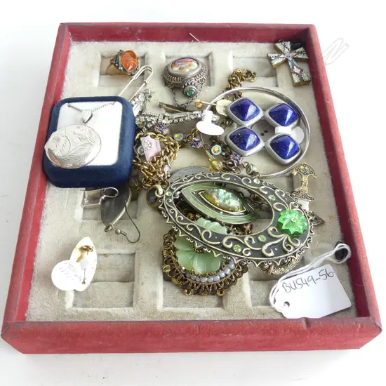 A LOT OF COSTUME JEWELLERY INCL 925 BANGLE + MICRO MOSAIC PENDANT & BRACELET + PERFUME BOTTLE BROOCH