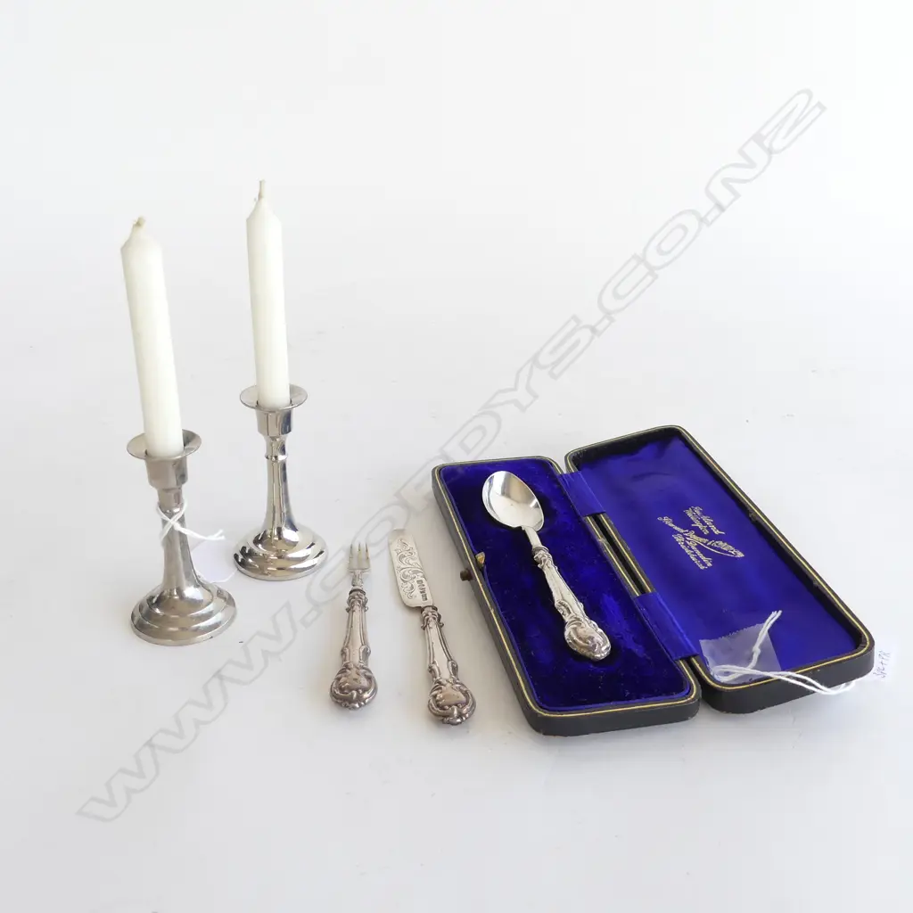 VINTAGE 3 PC STG SILVER CUTLERY - BIRMINGHAM 1848 + SM PR SILVER PLATE CANDLESTICKS & CANDLES H. 155MM Image 1++