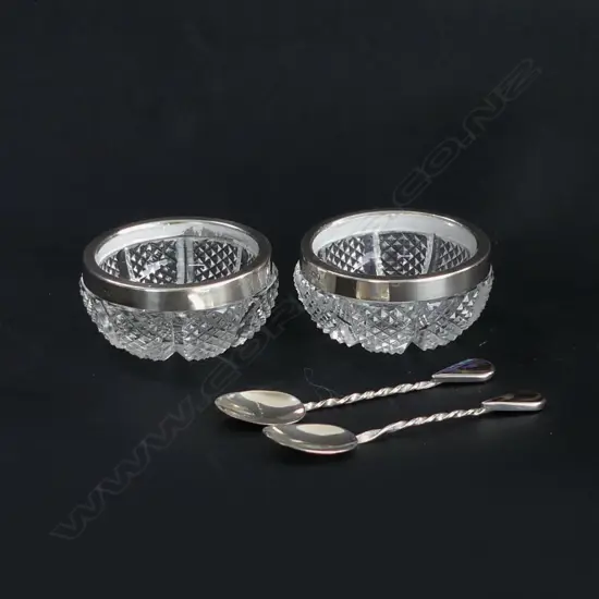PR SILVER RIMMED CUT CRYSTAL SALTS W SILVER & PAUA SPOONS