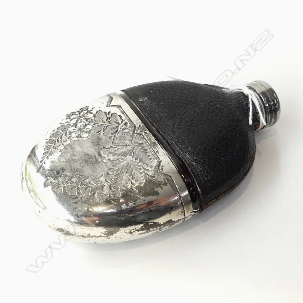 VICTORIAN HIP FLASK, SILVER PLATE, LEATHER & GLASS Image 1++