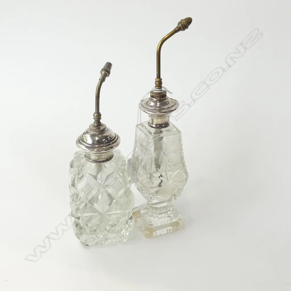 TWO STG SILVER & CUT CRYSTAL SCENT BOTTLES, PUMP ACTION (NO PUMPS) H 190 & 150MM Image 1++