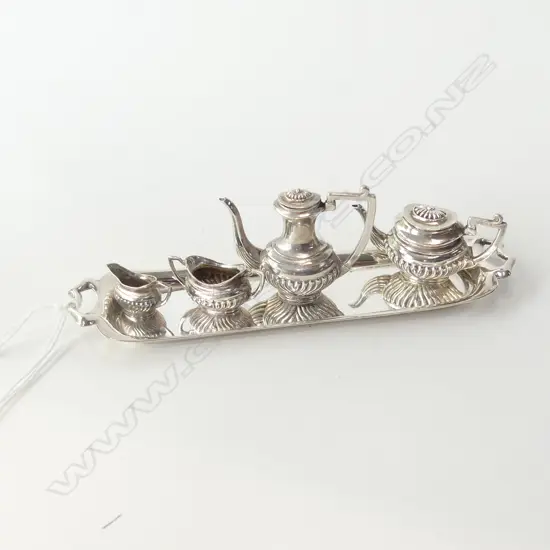 MINIATURE SILVER TEA SET ON TRAY BIRMINGHAM 1986 66gm