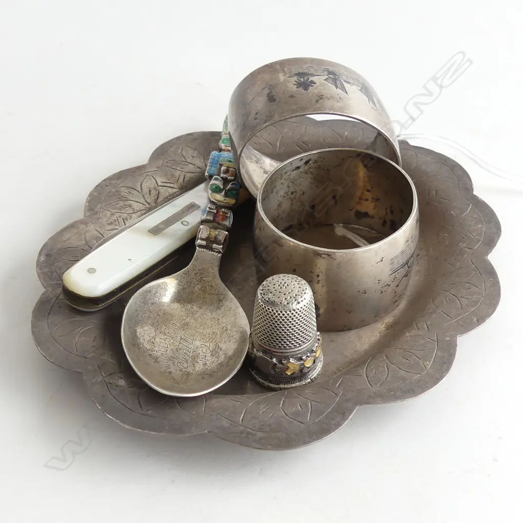 STG SILVER & EP ETC.; THIMBLE, CANADIAN SPOON, SMALL PLATE, 2 NAPKIN RINGS & MOP POCKET KNIFE Image 1++