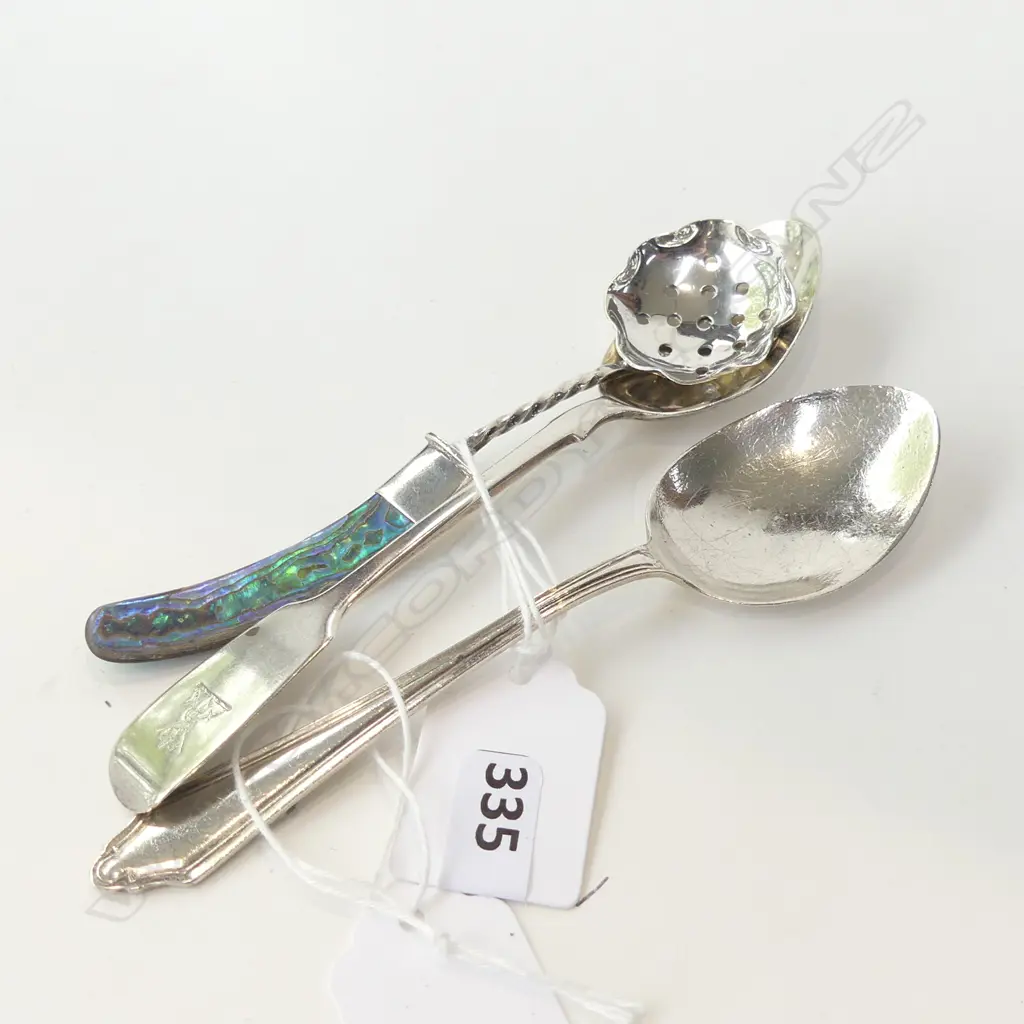 2 STG SILVER TEASPOONS + STG SIFTER WITH PAUA SHELL HANDLE Image 1++
