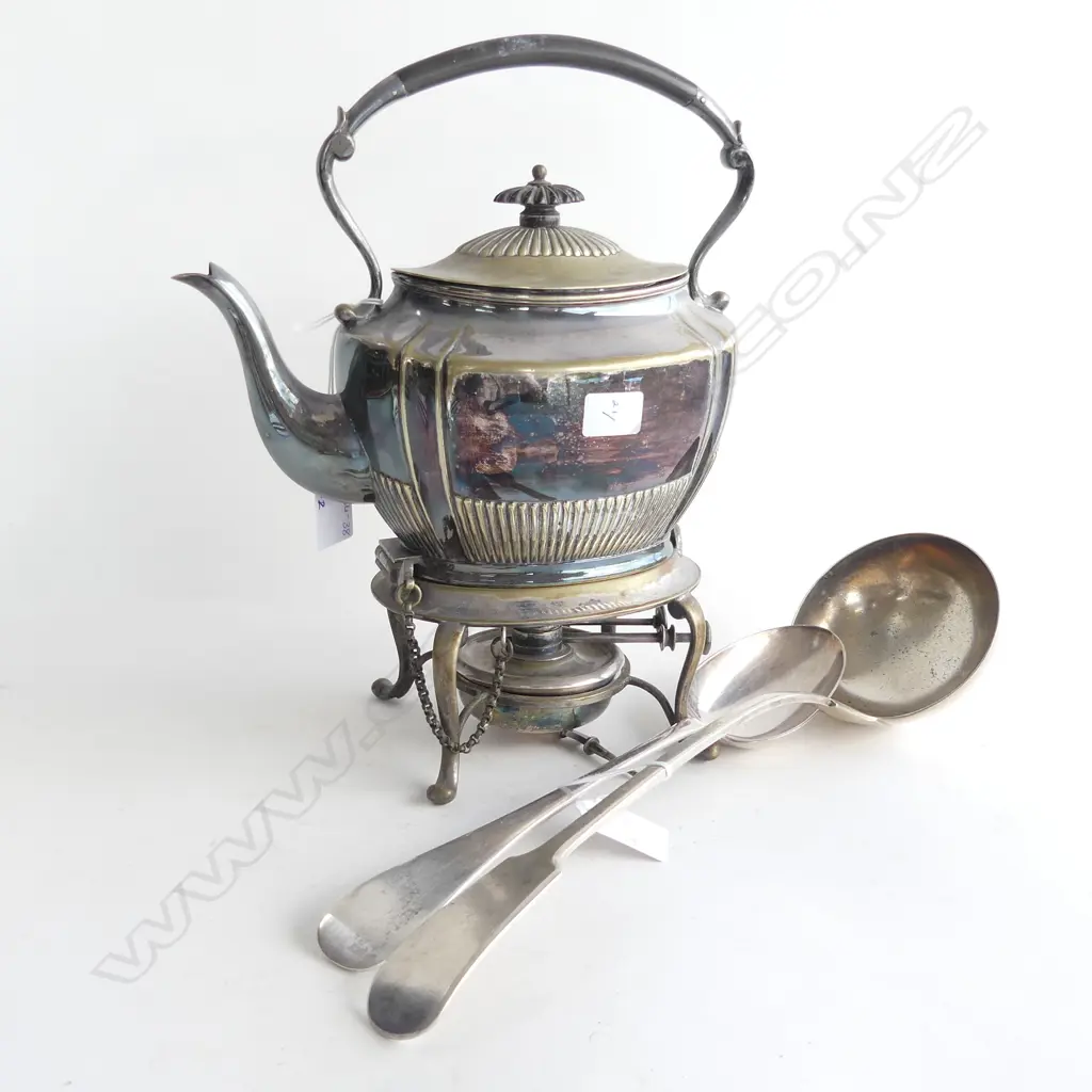OLD SILVER PLATE SPIRIT KETTLE + 1 LG LADLE & SPOON Image 1++