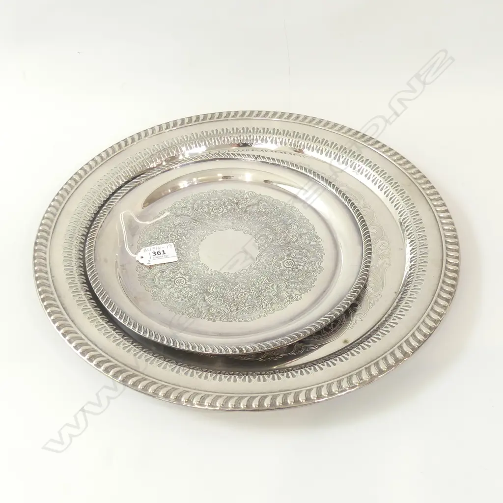 2 PIE CRUST SILVER PLATE TRAYS; DIA 255 & 380MM Image 1++