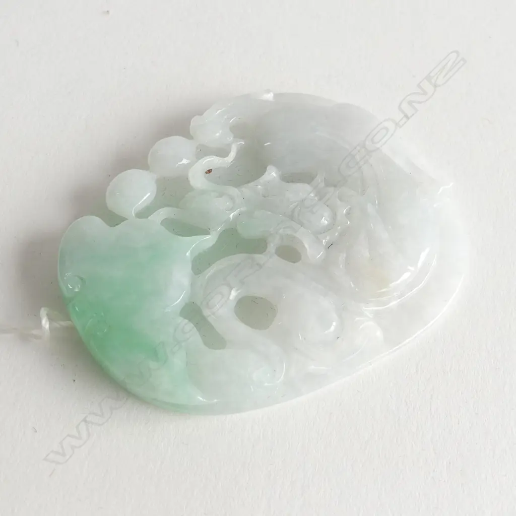 CHINESE PALE GREEN JADE CARVED PENDANT dragon on panel w vibrant green Image 1++