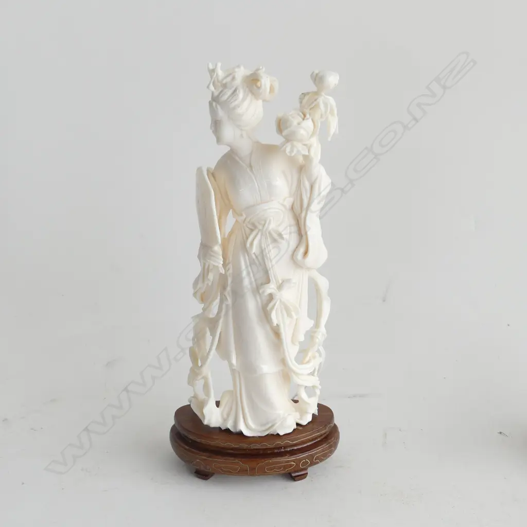 CARVED IVORY ORIENTAL LADY ON WOODEN STAND, H. 180MM Image 1++