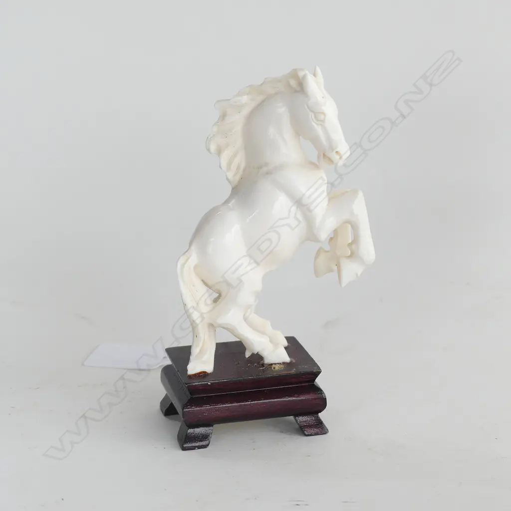 CARVED IVORY HORSE REARING - WITH WOODEN STAND H. 125MM Image 1++