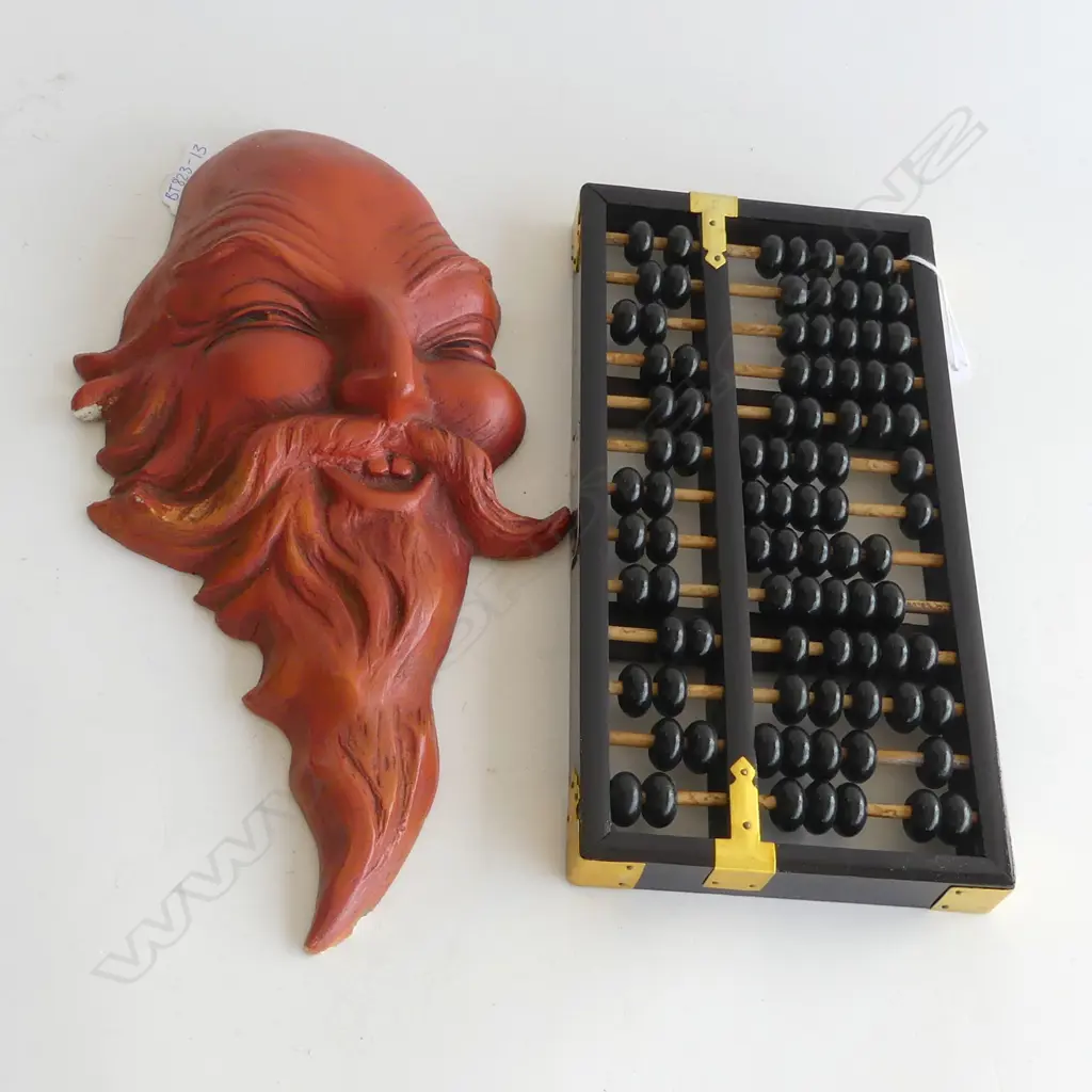 ORIENTAL RED CLAY WALL MASK (H 300MM) SOME MINOR CHIPPING + WOODEN ABACUS (L245MM) Image 1++