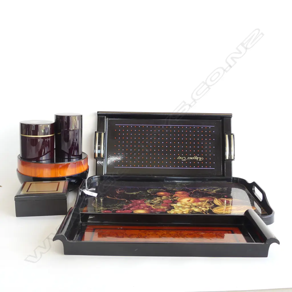 ORIENTAL LACQUER; 3 ASST TRAYS, 3 ASST STORAGE CONTAINERS & CONTAINER WITH COASTERS  Image 1++