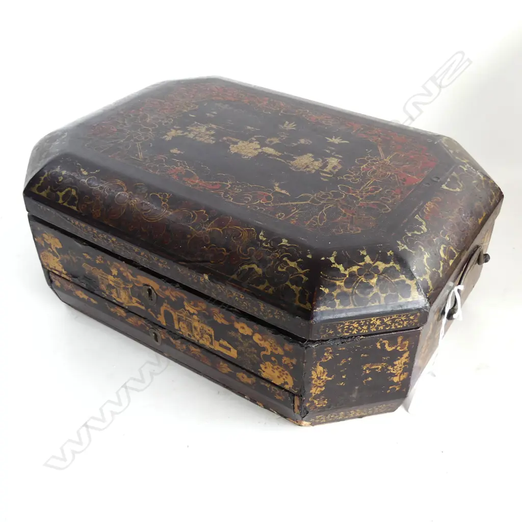 19th CENTURY CHINESE BLACK LAQUER WORKBOX, GILDED, SOME FAULTS Image 1++