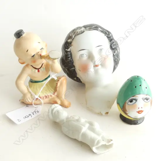(11) 4 SMALL FIGURINES, 1 BISQUE, HARLEQUIN ON STAND DAMAGED