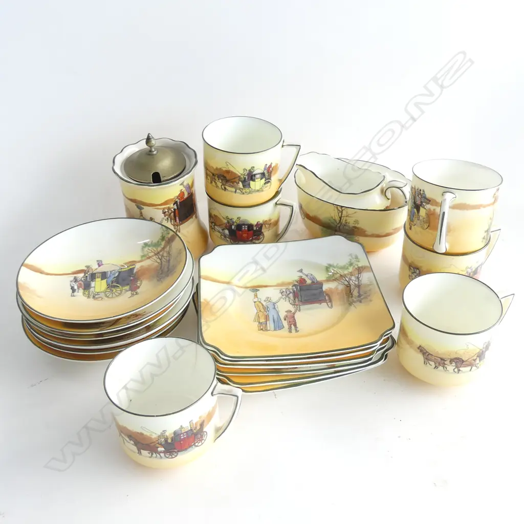 ROYAL DOULTON COACHING DAYS 6 CUPS PLATES & SAUCERS (SOME FAULTS) MILK JUG BOWL & SUGAR BOWL Image 1++