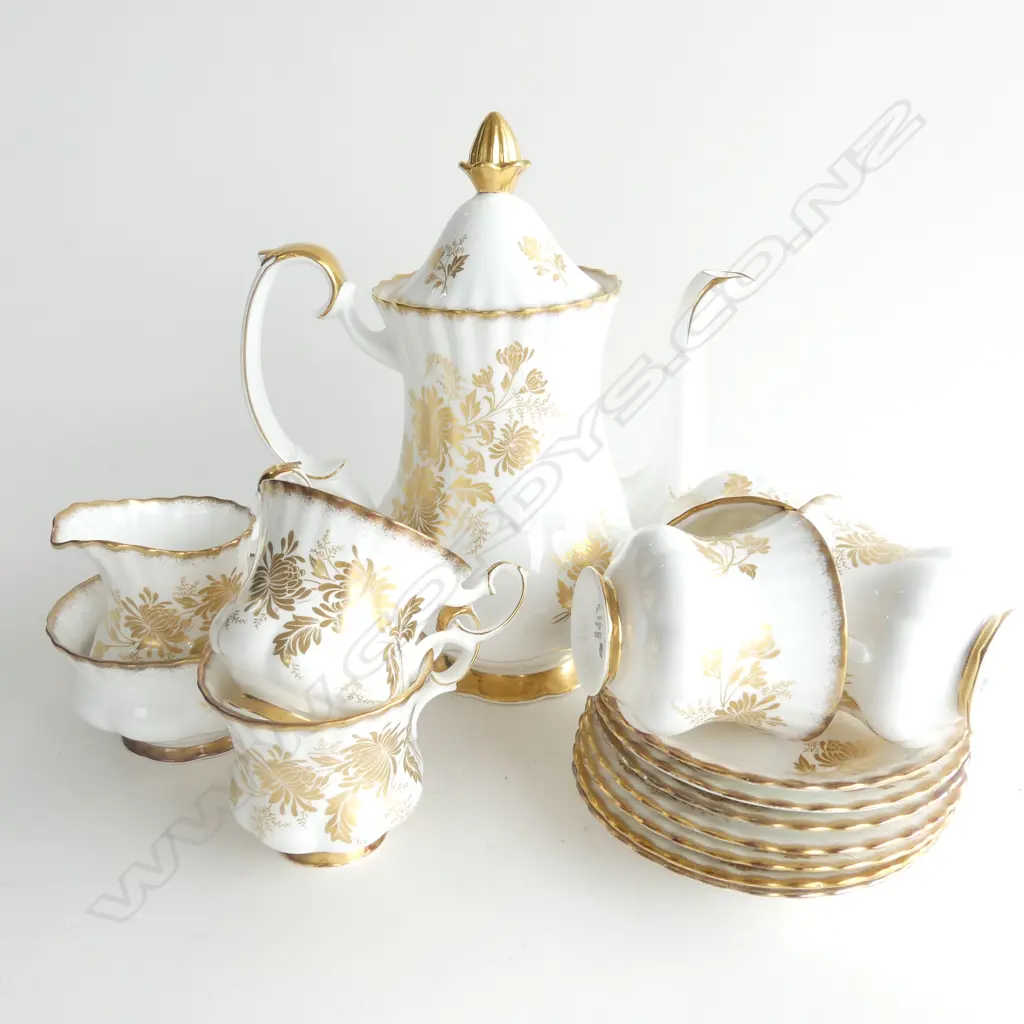 ROYAL ALBERT 'GOLDEN GLORY' DEMITASSE COFFEE SET; 5 CUPS & 7 SAUCERS, SUGAR BOWL, CREAMER & COFFEE POT  Image 1++