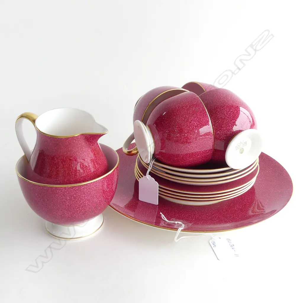 WEDGWOOD 15 PC RUBY TEASET; 4 TRIOS, JUG, SUGAR BOWL & CAKE PLATE Image 1++