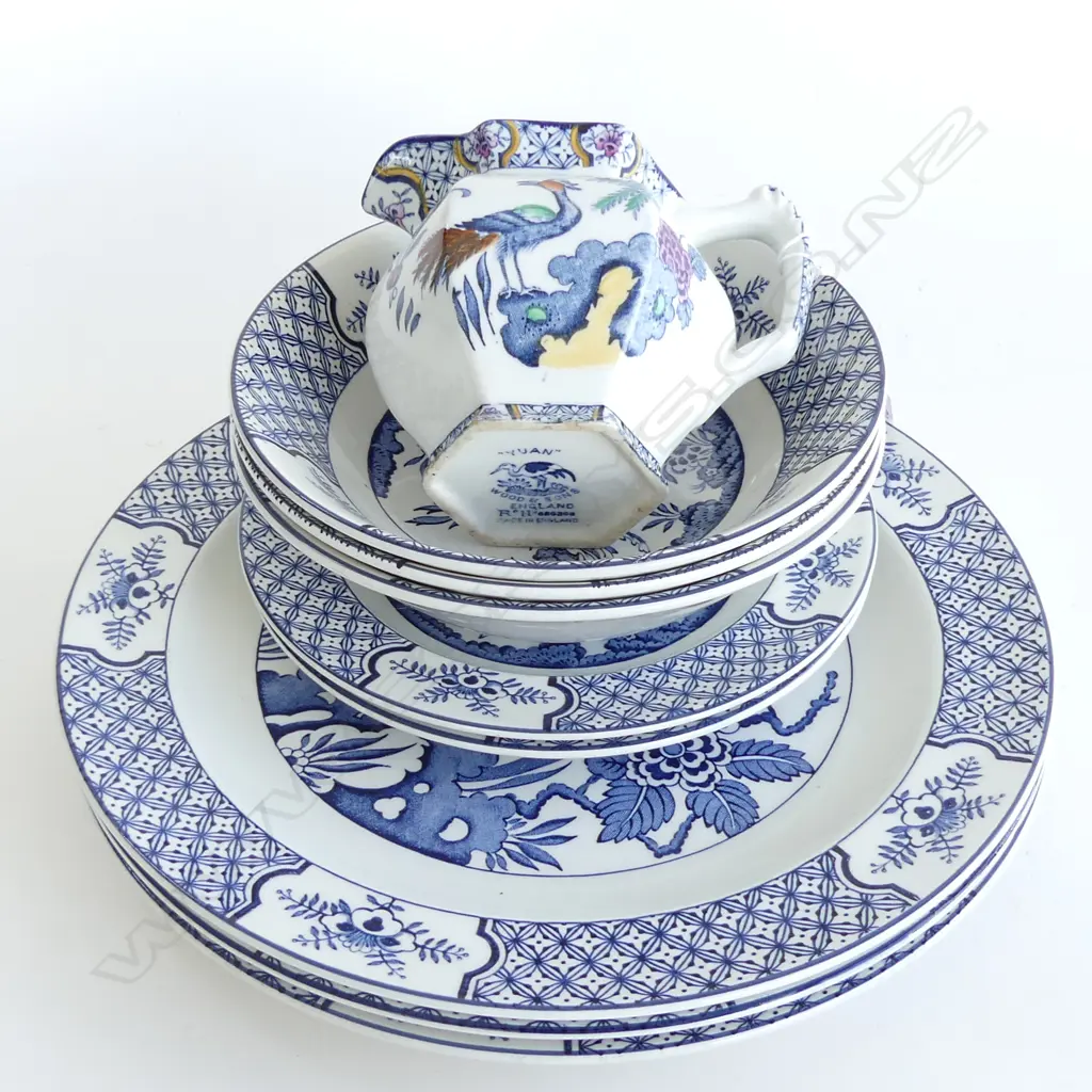 9 PCS WOODS WARE 'YUAN' 3 DINNER, 2 SIDE, 3 BOWLS & JUG Image 1++