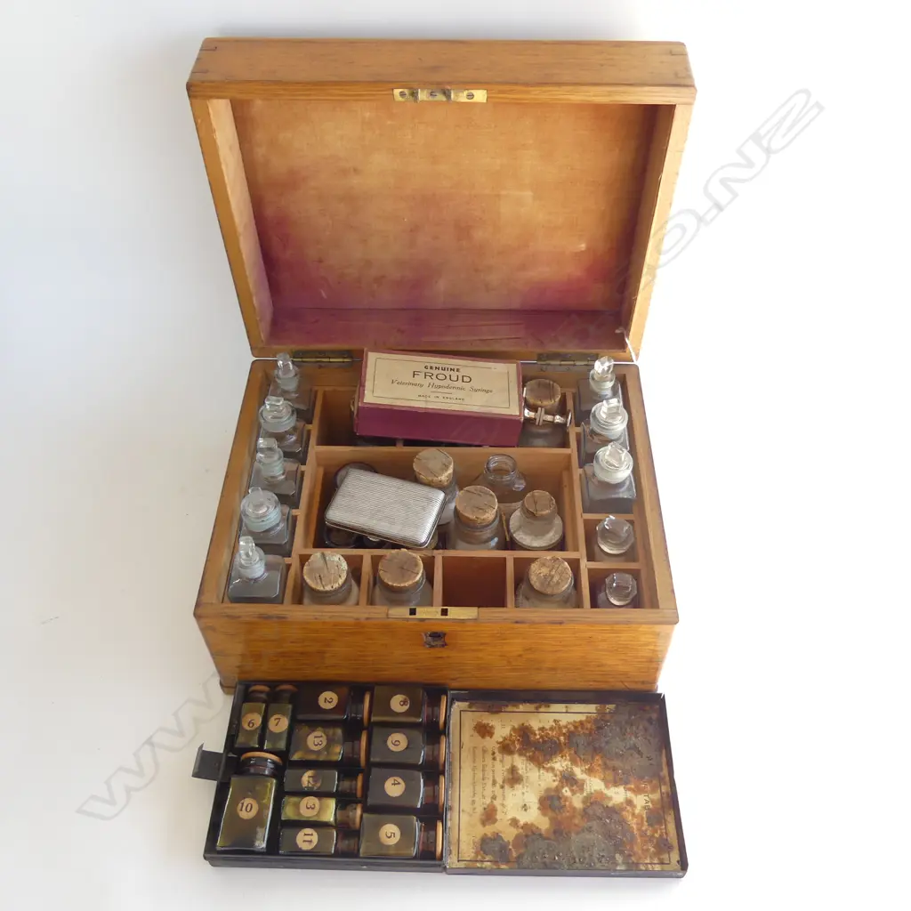 TRAVELLING APOTHACARY CASE INCL CONTENTS + OLD FROUDS VETERINARY HYPODERMIC SYRINGE Image 1++