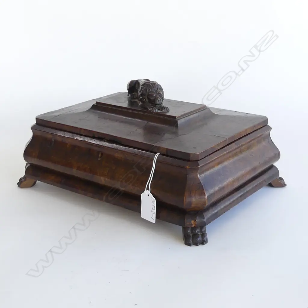 VICTORIAN WORK BOX LION TO LID some repair L.300mm Image 1++