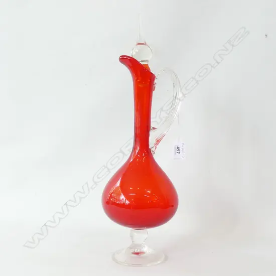 LG GLASS DECANTER & STOPPER - CLEAR GLASS BASE & APPLIED HANDLE H 435MM