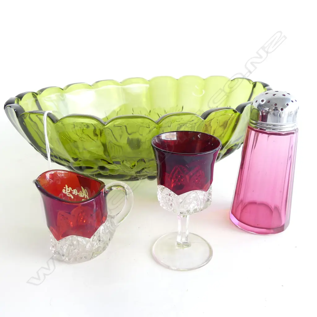 LG OLIVE GREEN EMBOSSED GLASS OVAL BOWL (L310MM) + 2 RUBY GLASS PCS & SUGAR SHAKER  Image 1++