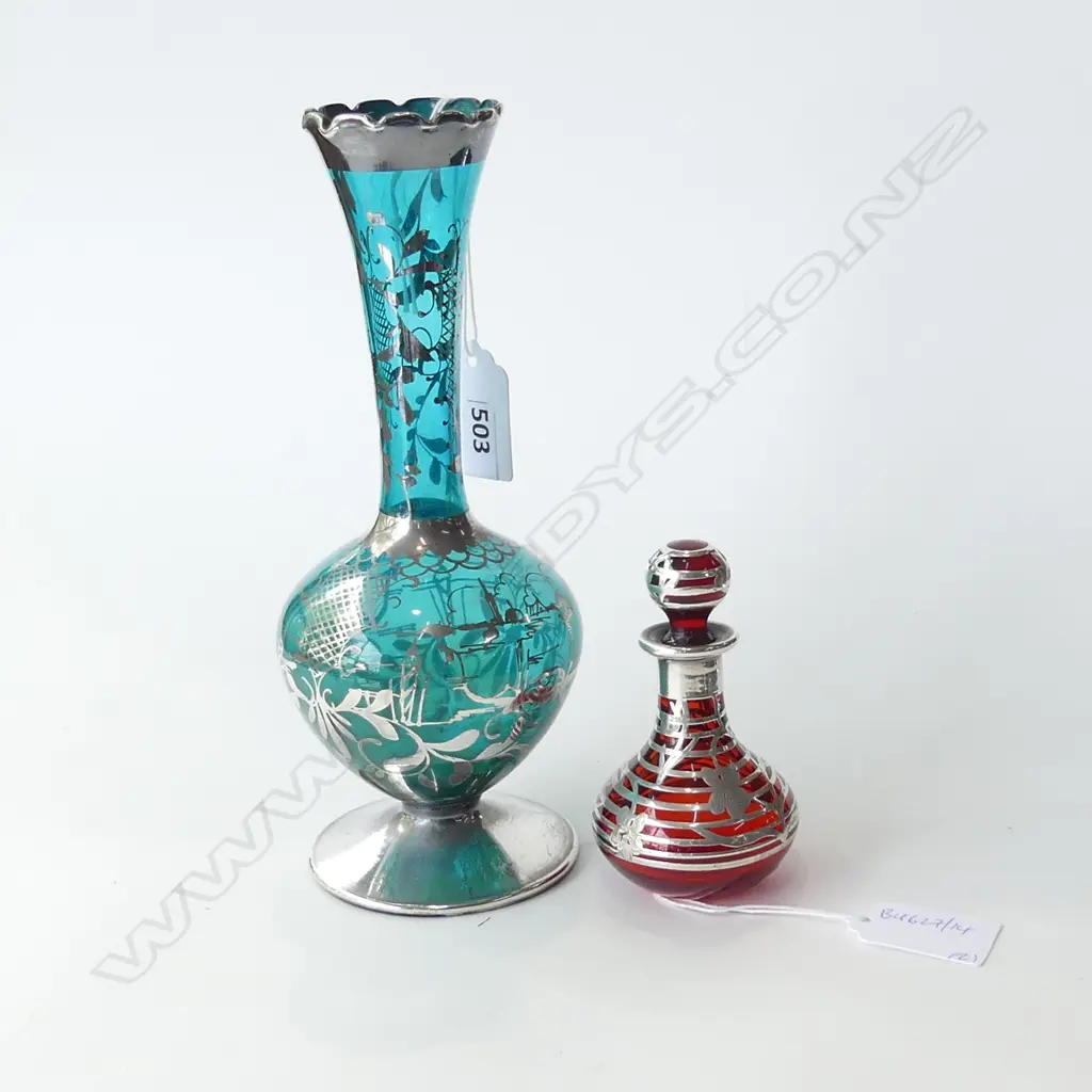 VENETIAN RUBY GLASS SILVER OVERLAY SCENT  BOTTLE WITH TALLER VASE H 200 MM Image 1++