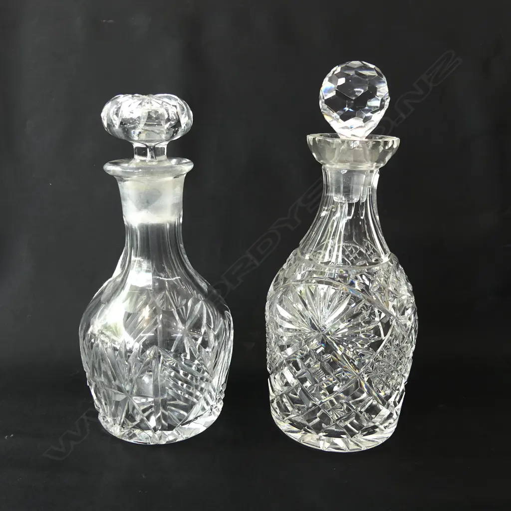 TWO ANTIQUE CUT CRYSTAL DECANTERS H. 280 & 240MM Image 1++