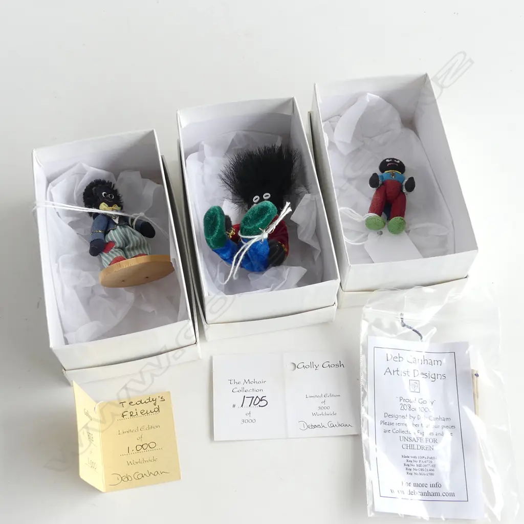 3 DEB CANHAM LTD. ED. GOLLY DOLLS; 'GOLLY GOSH', 'TEDDYS FRIEND' & 'PROUD GOLLY' ALL BOXED w. CERTIFICATES H.75mm Image 1++