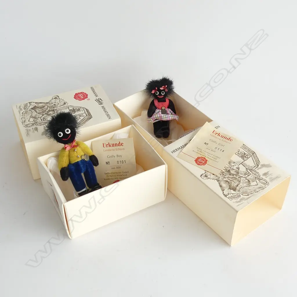 2 HERMANN MINIATURE GOLLIES; BOY & GIRL; LTD. ED 800 boxed w. certificates H.90mm Image 1++