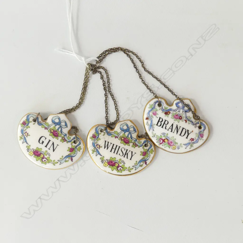 SET 3 ROYAL CROWN DERBY DECANTER LABELS; GIN, WHISKY & BRANDY U Image 1++