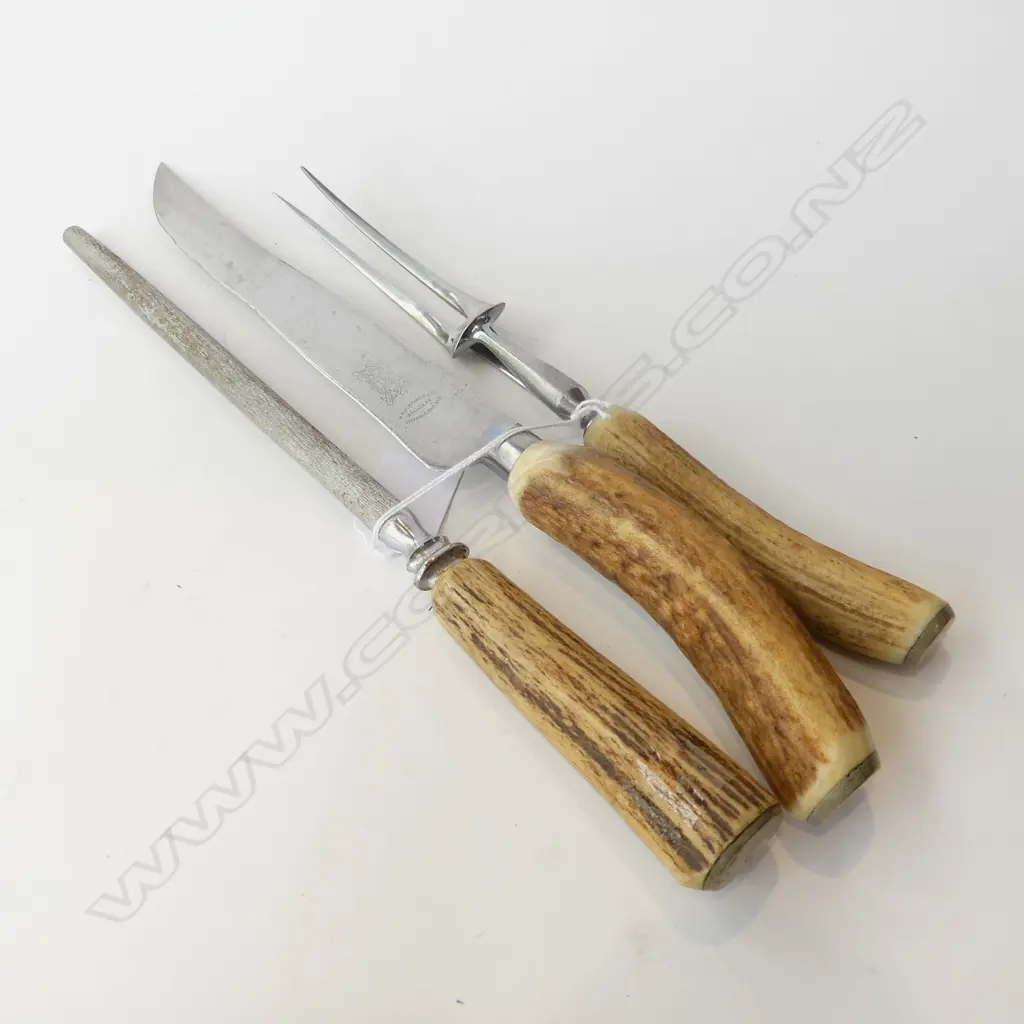 3 PC SHEFFIELD ANTLER HANDLE CARVING SET BY WM HUMPHRIES Image 1++