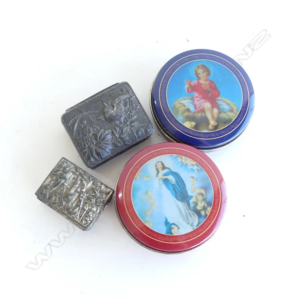 4 SM RELIGIOUS TINS /CONTAINERS FULL OF RELIGIOUS MEDALS, CRUCIFIXES ETC..  Image 1++