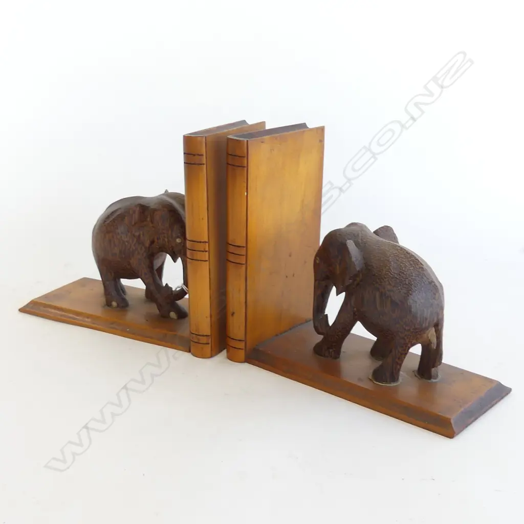PR. ELEPHANT BOOKENDS + 3 EBONY ELEPHANTS AND ONE WOODEN ALL WITH BONE TUSKS AF ONE ELEPHANT MINUS A TUSK Image 1++