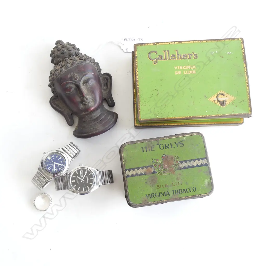 4 OLD TINS 'GALLAGHERS' ETC + 2 WATCHES + SILVER RING + BUDDHA WALL HANGING Image 1++