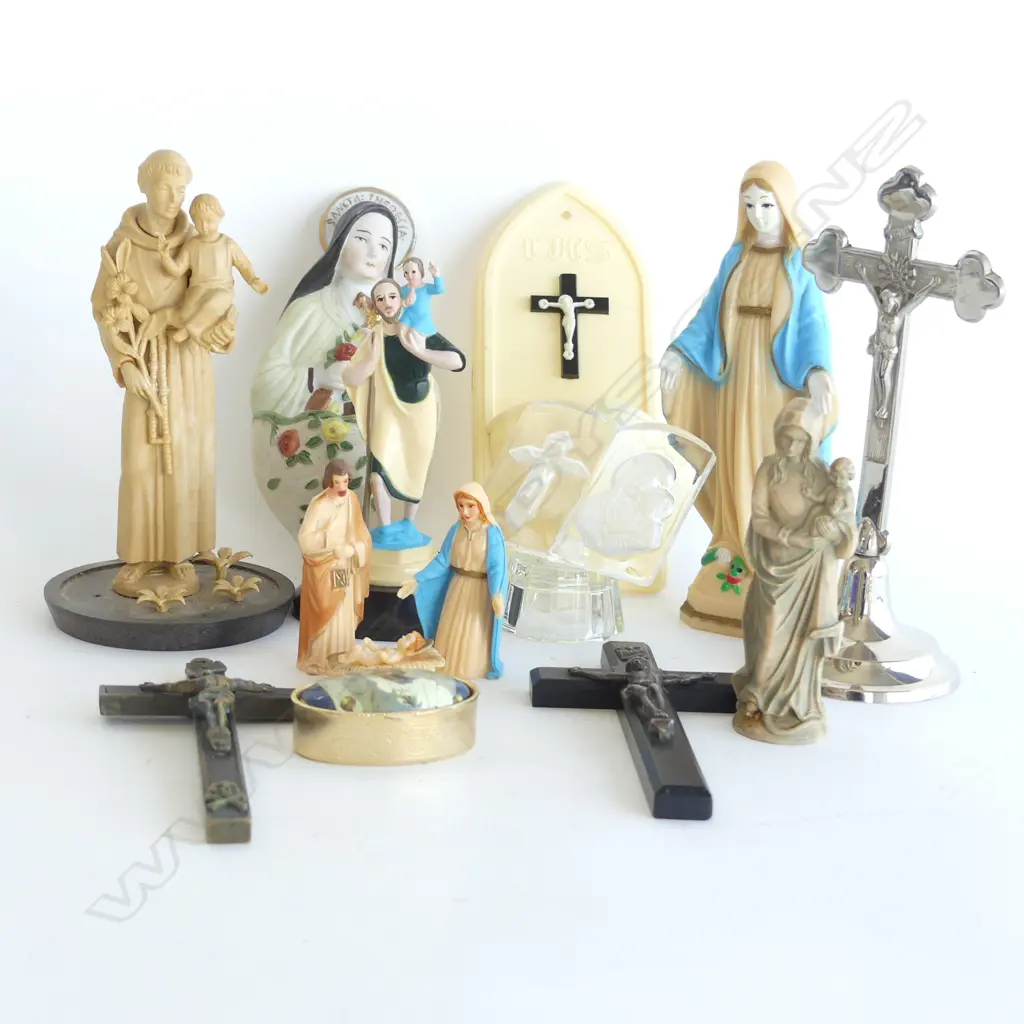 SM BOX ASST VINTAGE RELIGIOUS SM STATUES, FONTS, CRUCIFIXES ETC.. Image 1++